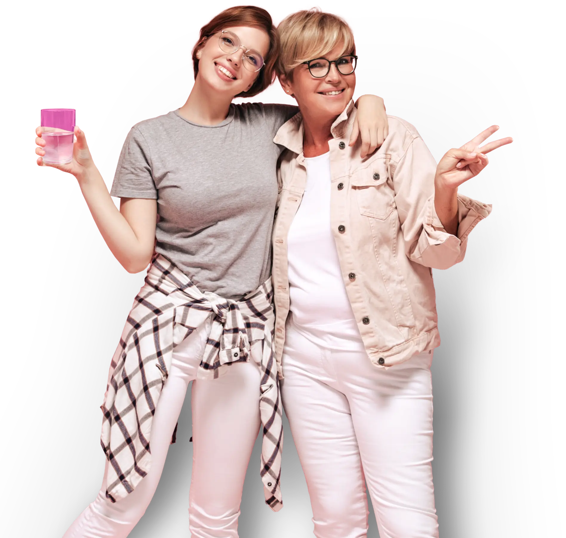Zwei Frauen unterschiedlichen Alters tun etwas für ihre Blase und lächeln in die Kamera.